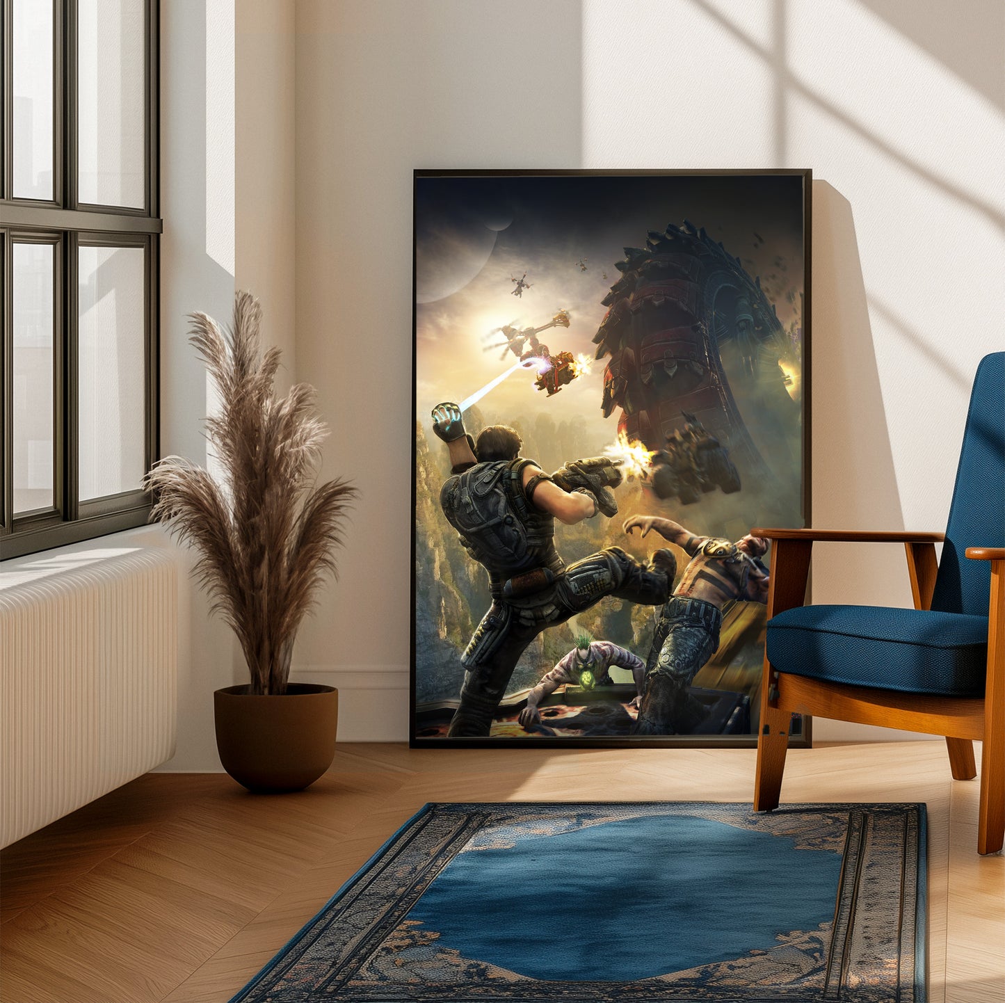 Bulletstorm key art poster on a living room wall