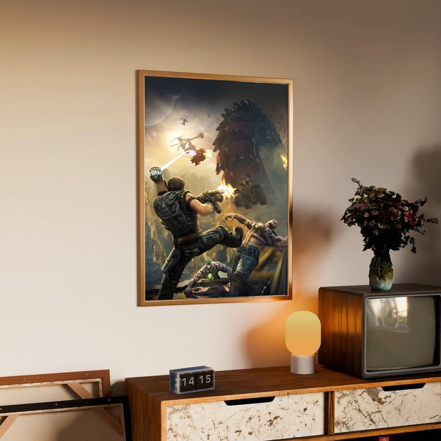 Bulletstorm key art poster styled on a gallery wall
