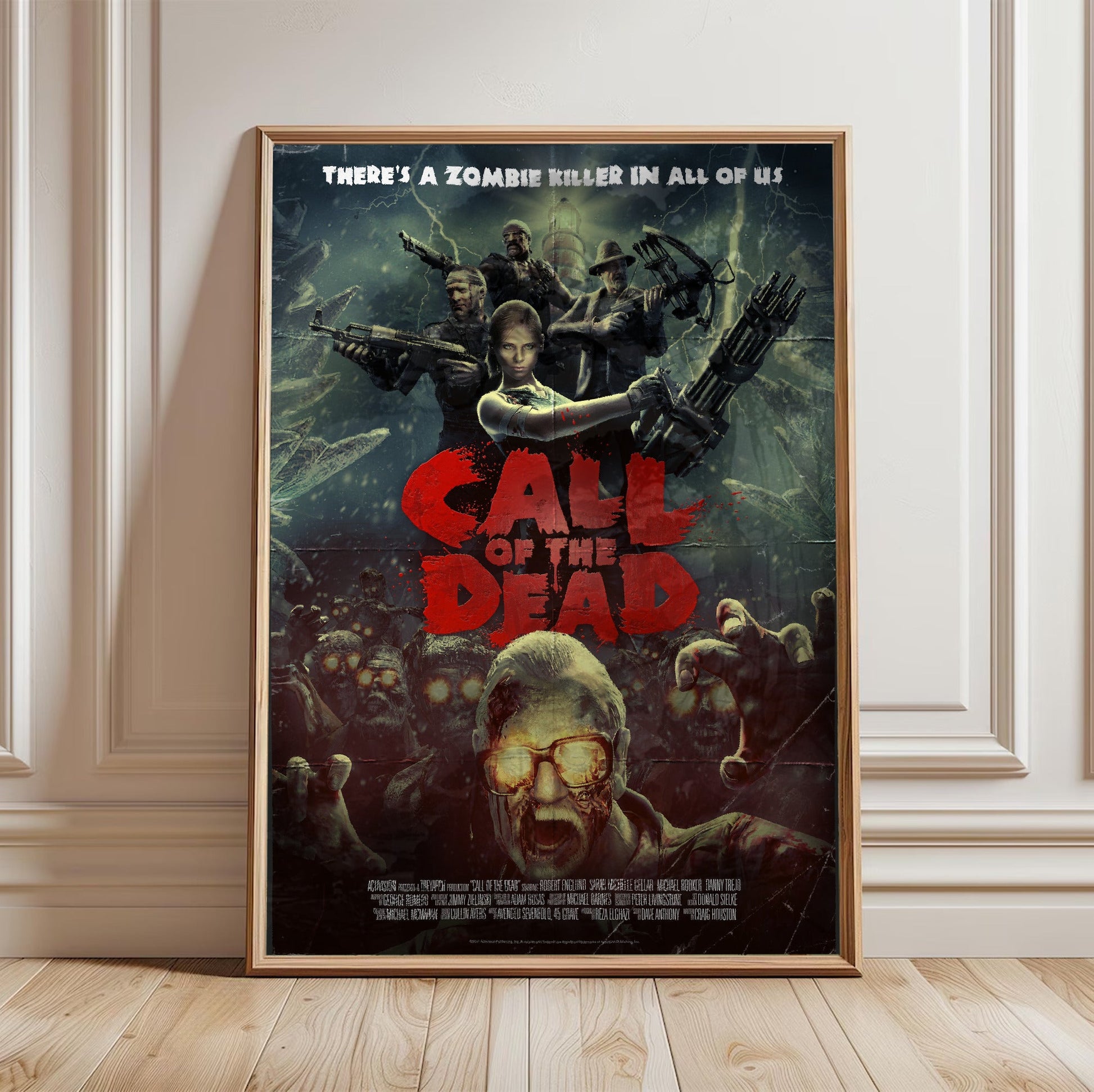 Call of Duty Black Ops Call of the Dead zombies art in a light oak frame leaning against a white wall