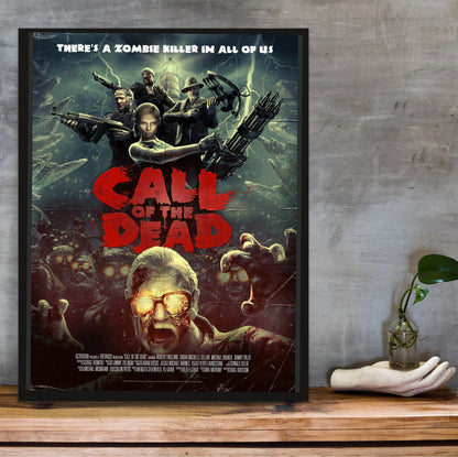 Call of Duty Black Ops Call of the Dead zombies art in a black frame on a wooden shelf against concrete