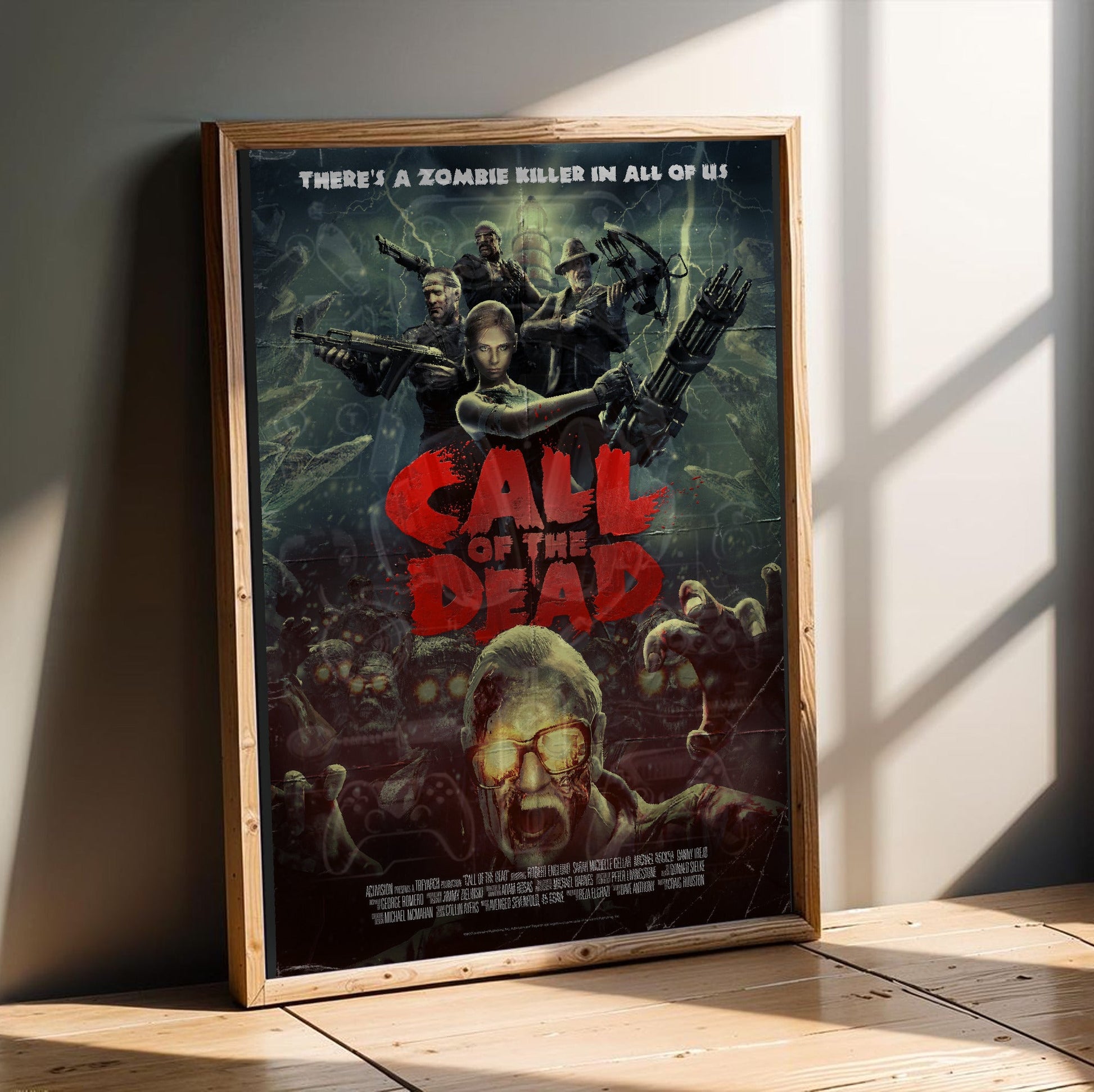 Call of Duty Black Ops Call of the Dead zombies art in an oak frame leaning on a wooden floor