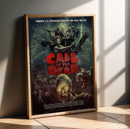 Call of Duty Black Ops Call of the Dead zombies art in an oak frame leaning on a wooden floor