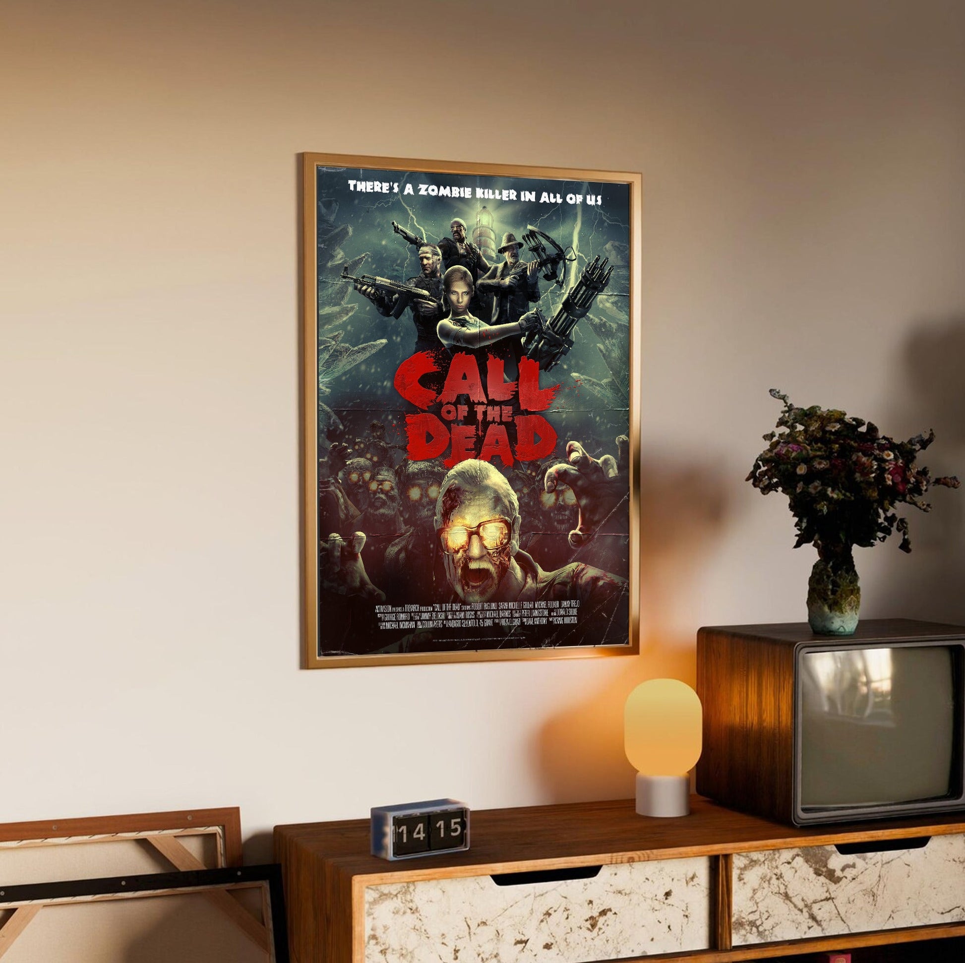 Call of Duty Black Ops Call of the Dead zombies art in an oak frame above a sideboard