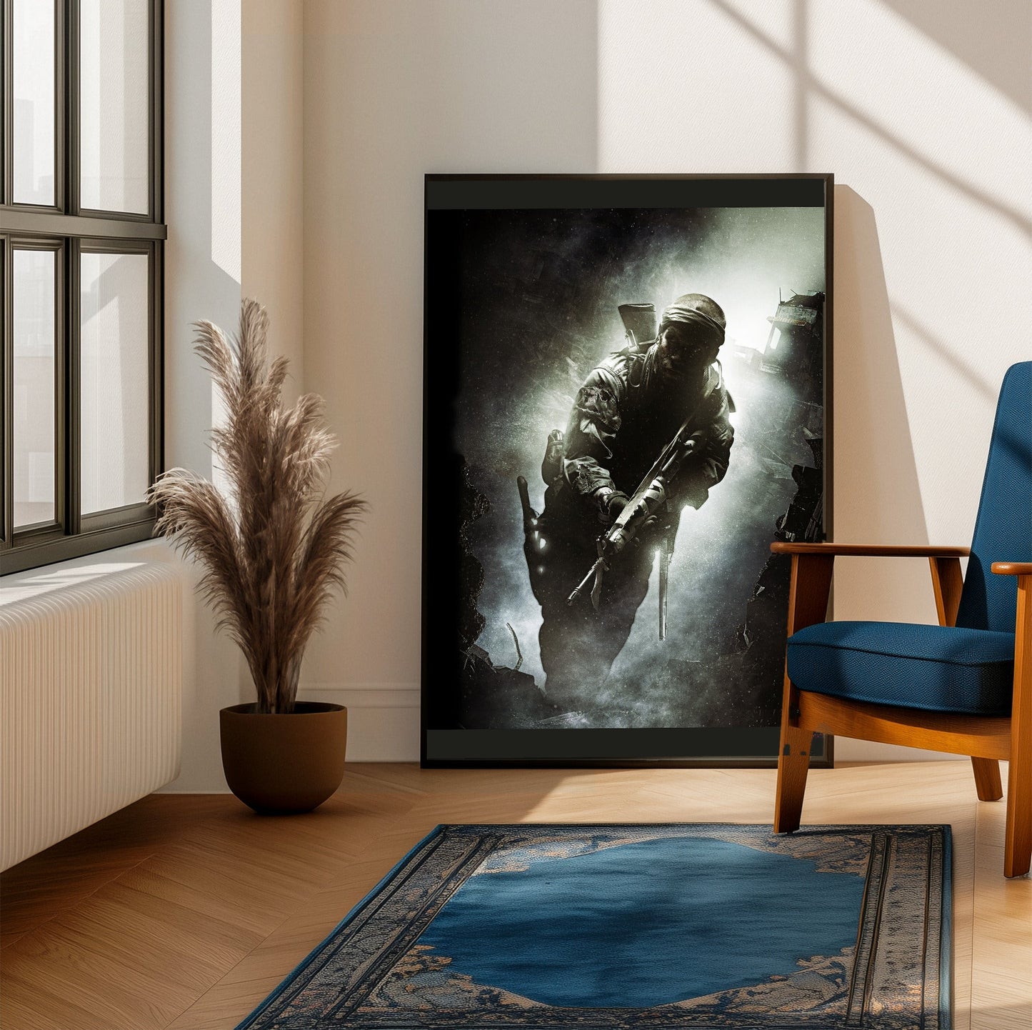 Call of Duty Black Ops key art framed beside a blue armchair in a sunlit room