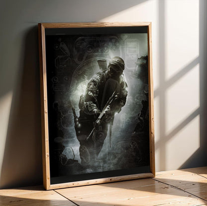 Call of Duty Black Ops key art in an oak frame leaning on a wooden floor