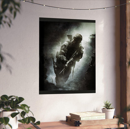 Call of Duty Black Ops key art unframed on a white wall above a desk
