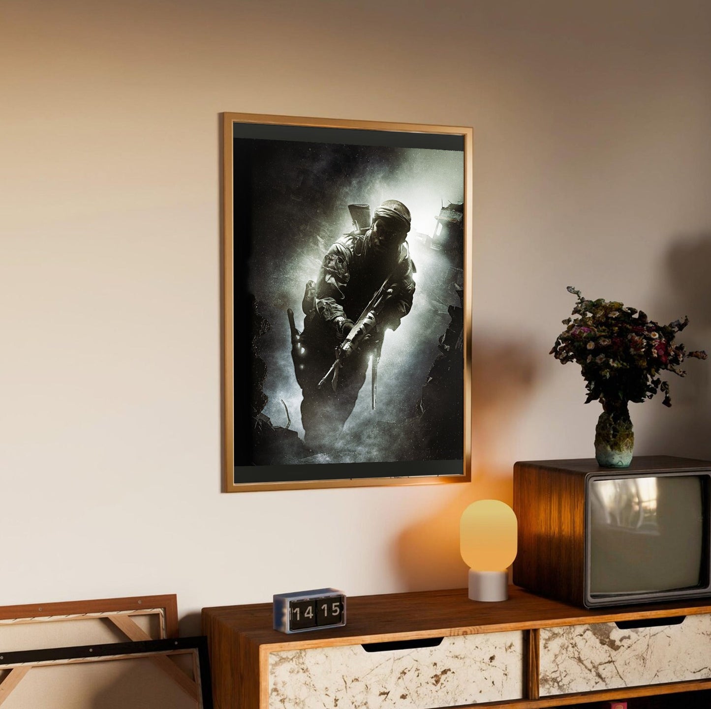 Call of Duty Black Ops key art in an oak frame above a sideboard