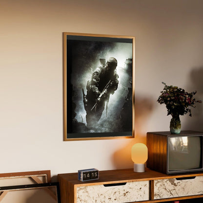 Call of Duty Black Ops key art in an oak frame above a sideboard