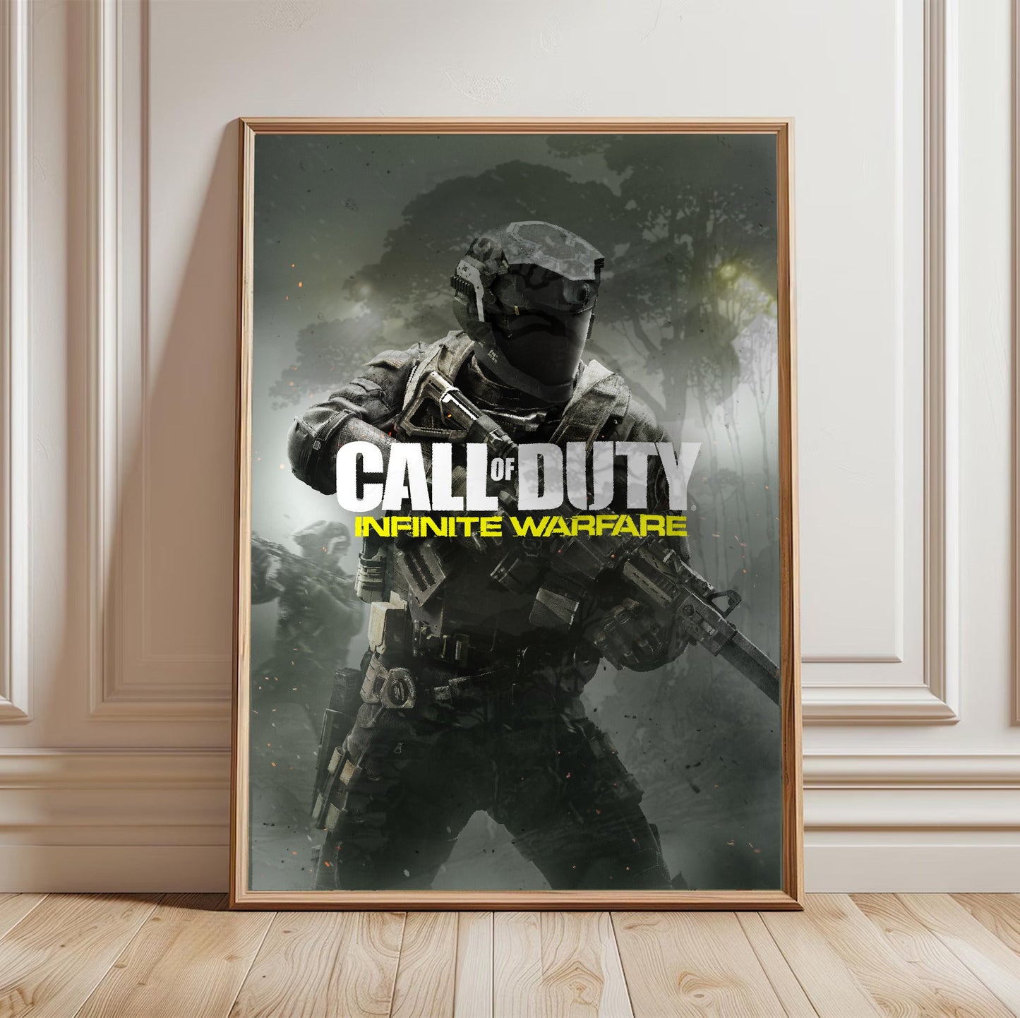 Call of Duty Infinite Warfare key art in a light oak frame leaning against a white wall