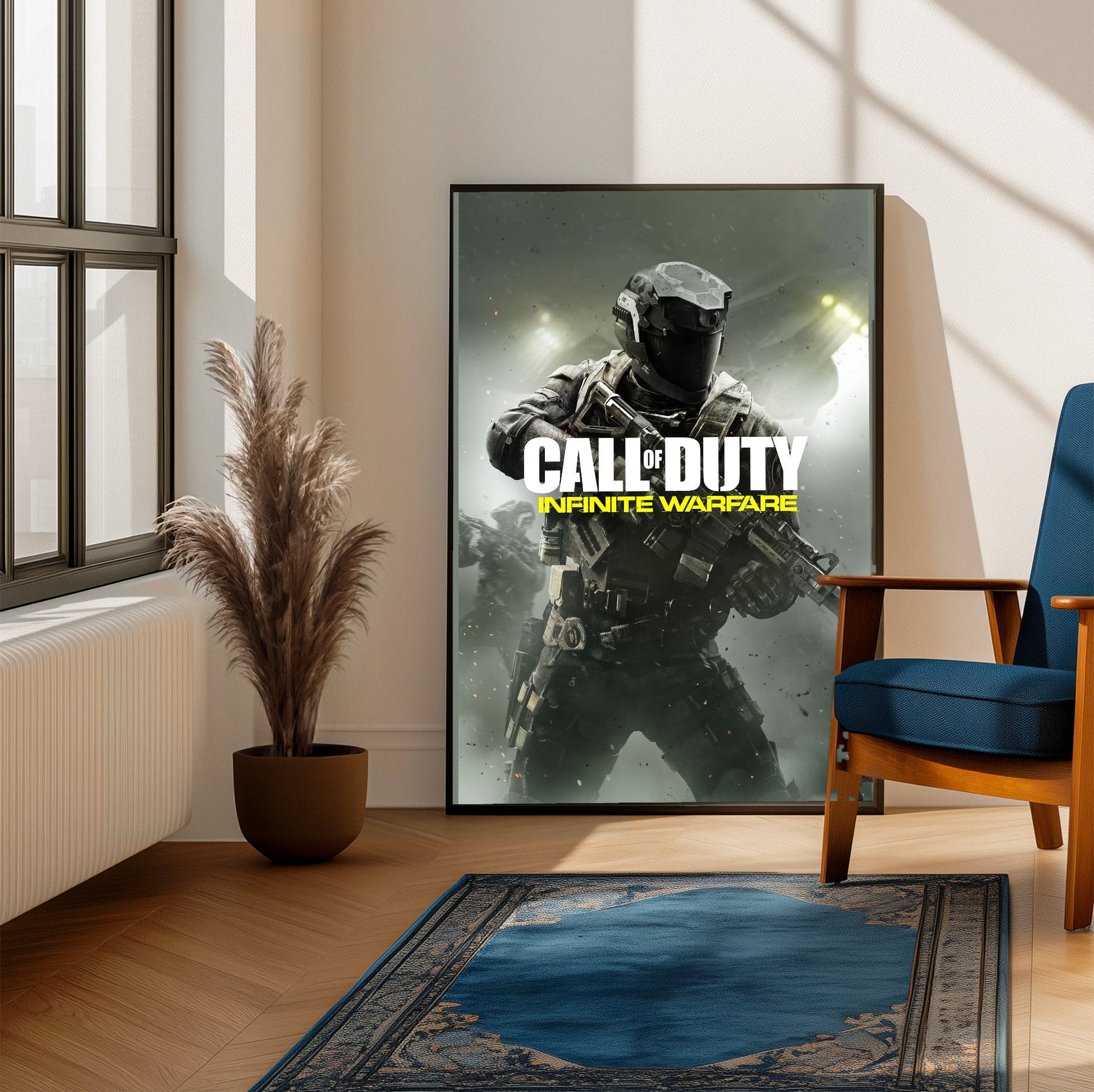 Call of Duty Infinite Warfare key art framed beside a blue armchair in a sunlit room