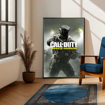 Call of Duty Infinite Warfare key art framed beside a blue armchair in a sunlit room