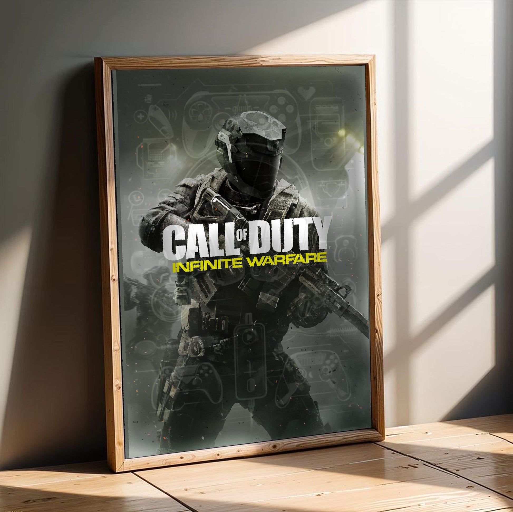Call of Duty Infinite Warfare key art in an oak frame leaning on a wooden floor