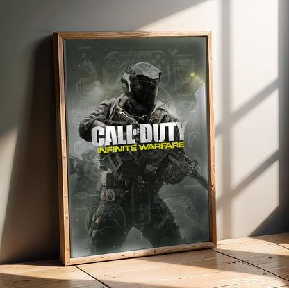 Call of Duty Infinite Warfare key art in an oak frame leaning on a wooden floor