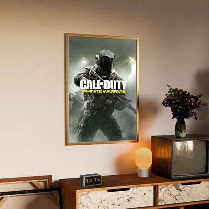 Call of Duty Infinite Warfare key art in an oak frame above a sideboard
