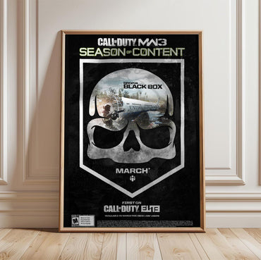 Call of Duty Modern Warfare 3 Black Box season art in a light oak frame leaning against a white wall