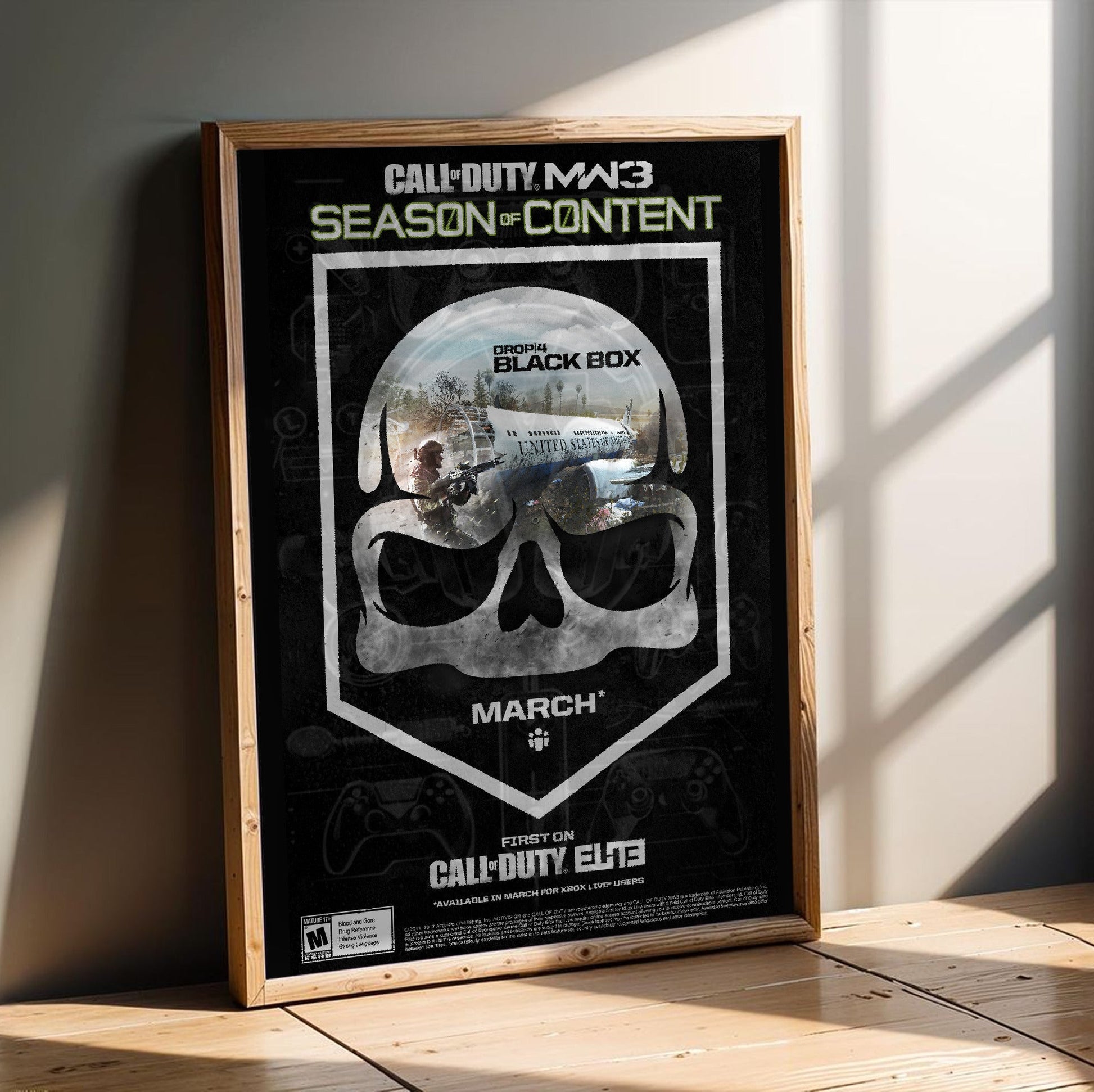 Call of Duty Modern Warfare 3 Black Box season art in an oak frame leaning on a wooden floor