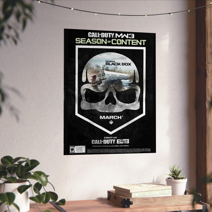 Call of Duty Modern Warfare 3 Black Box season art unframed on a white wall above a desk