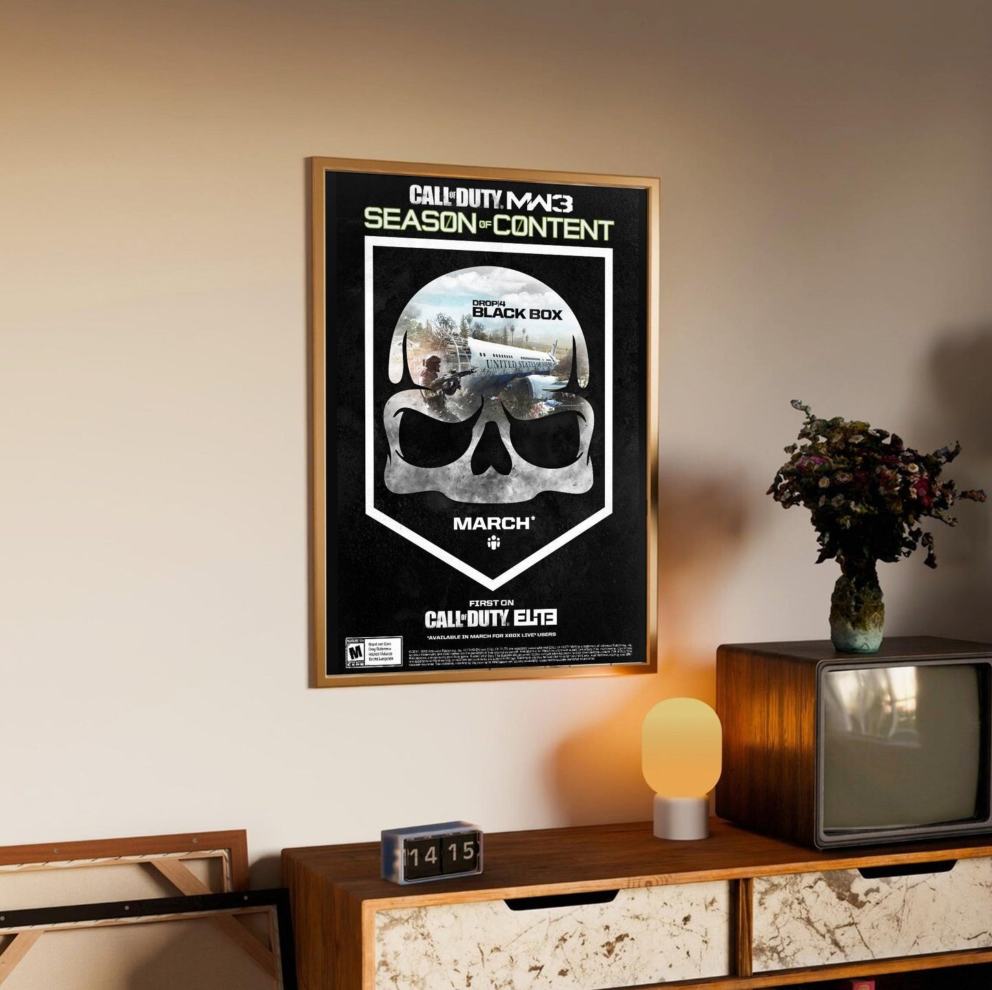 Call of Duty Modern Warfare 3 Black Box season art in an oak frame above a sideboard