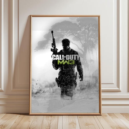 Call of Duty Modern Warfare 3 cover art with logo in a light oak frame leaning against a white wall