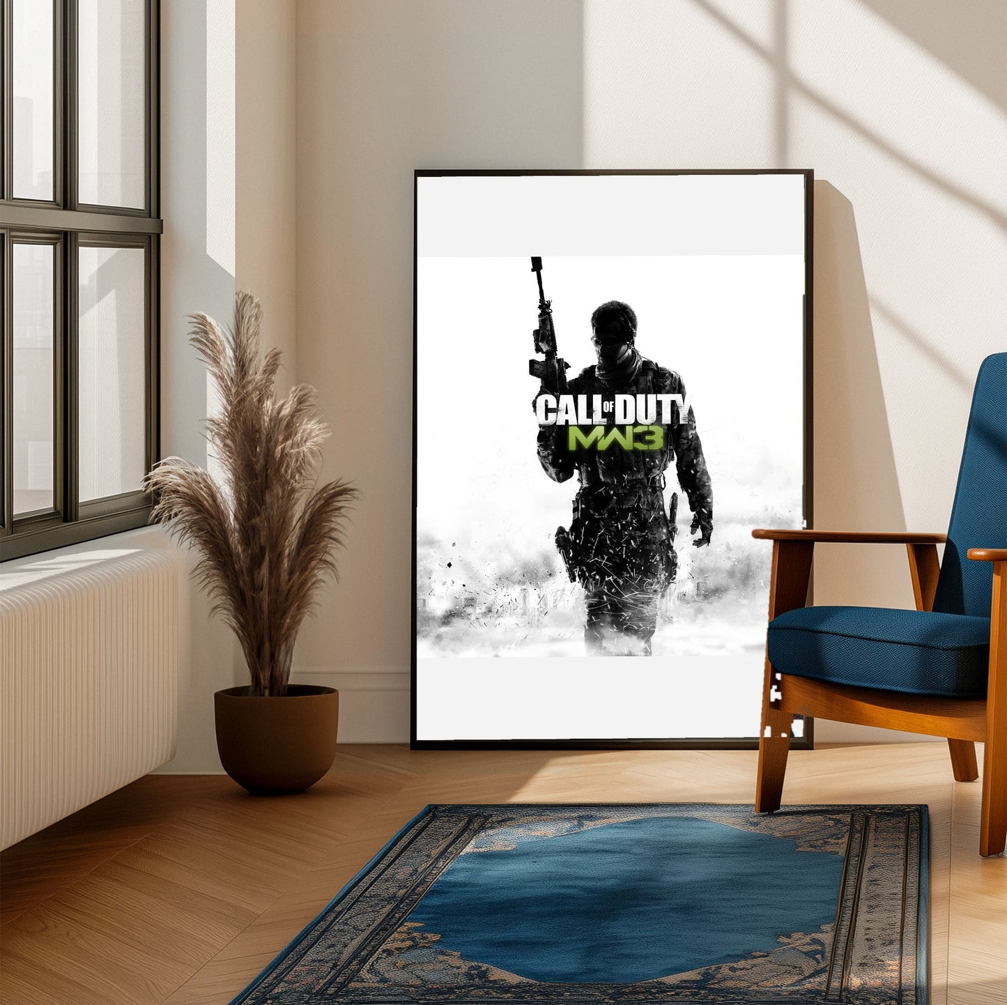 Call of Duty Modern Warfare 3 cover art with logo framed beside a blue armchair in a sunlit room