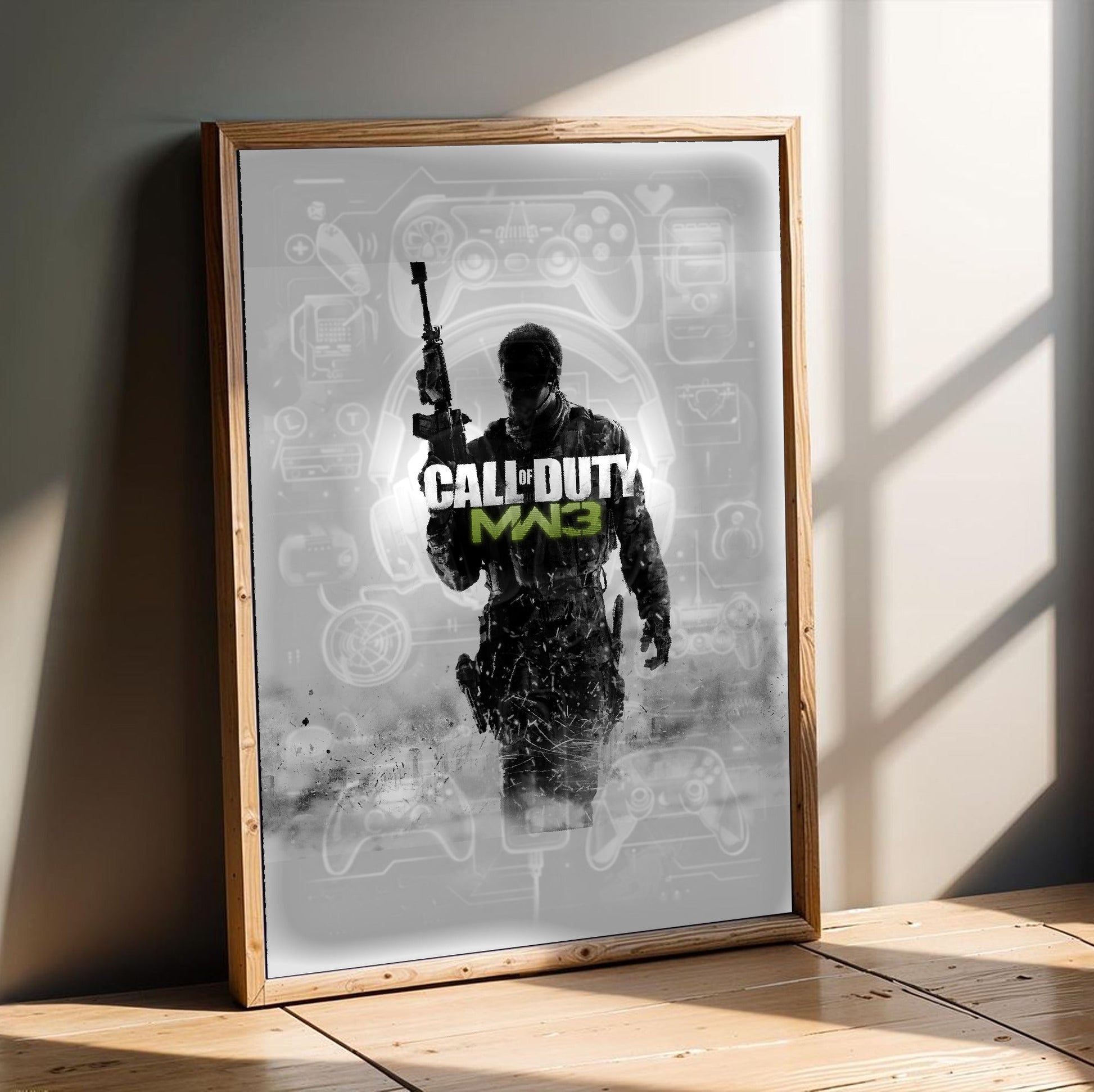 Call of Duty Modern Warfare 3 cover art with logo in an oak frame leaning on a wooden floor