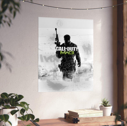 Call of Duty Modern Warfare 3 cover art with logo unframed on a white wall above a desk