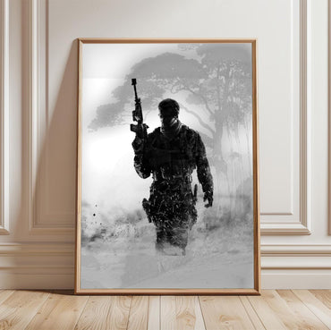 Call of Duty Modern Warfare 3 cover art in a light oak frame leaning against a white wall