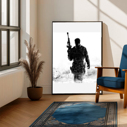Call of Duty Modern Warfare 3 cover art framed beside a blue armchair in a sunlit room