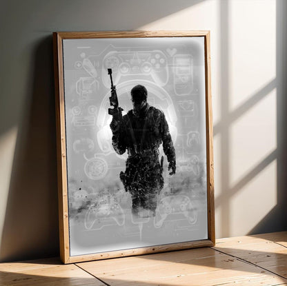 Call of Duty Modern Warfare 3 cover art in an oak frame leaning on a wooden floor