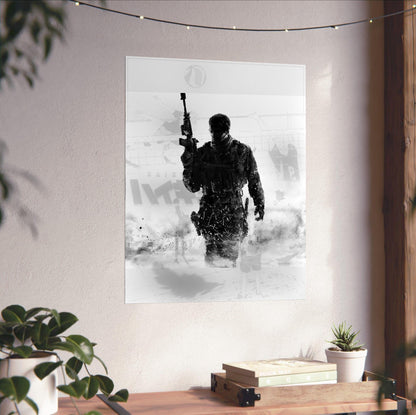 Call of Duty Modern Warfare 3 cover art unframed on a white wall above a desk