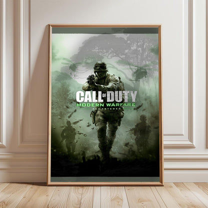 Call of Duty Modern Warfare Remastered key art in a light oak frame leaning against a white wall