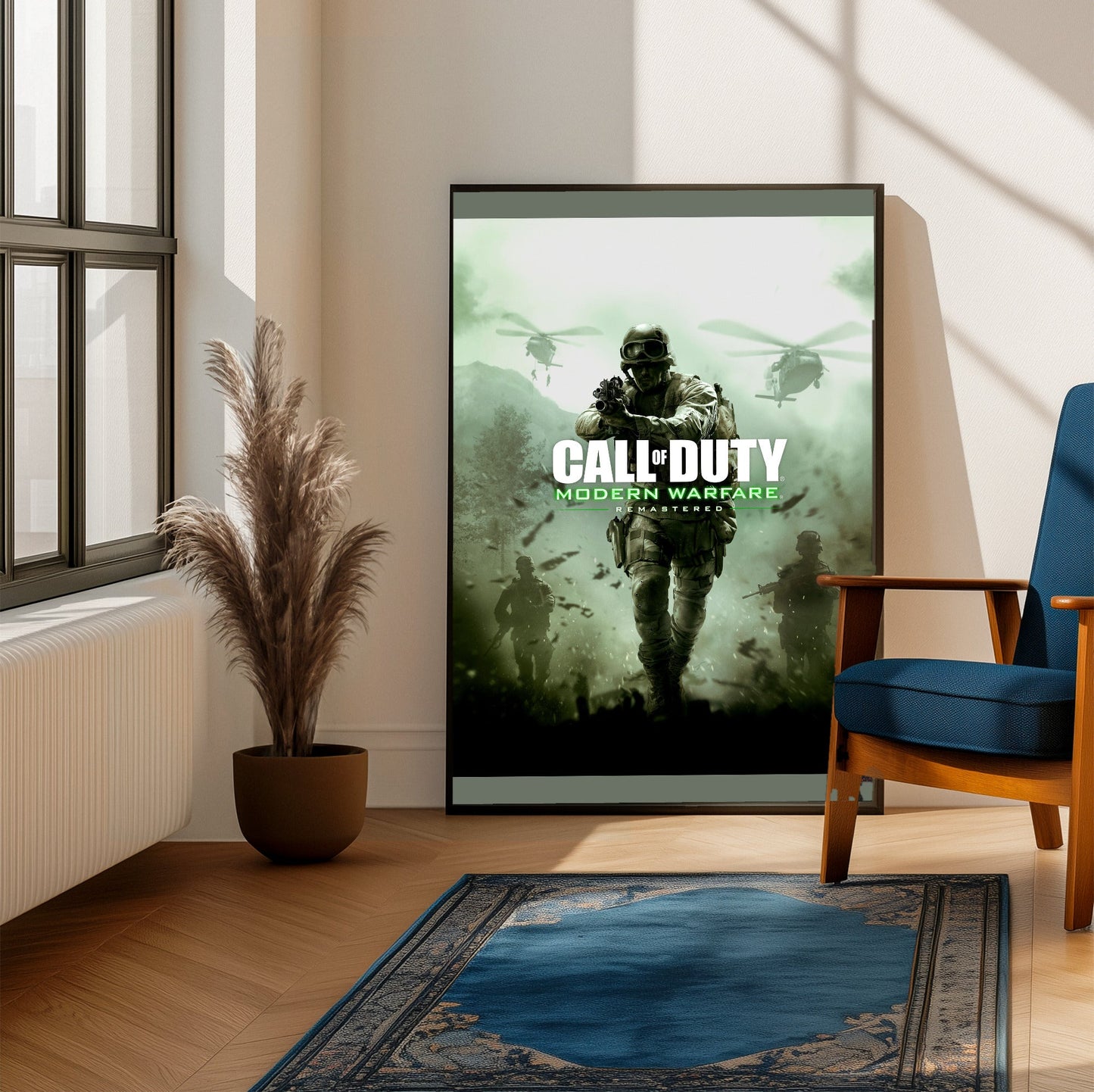 Call of Duty Modern Warfare Remastered key art framed beside a blue armchair in a sunlit room