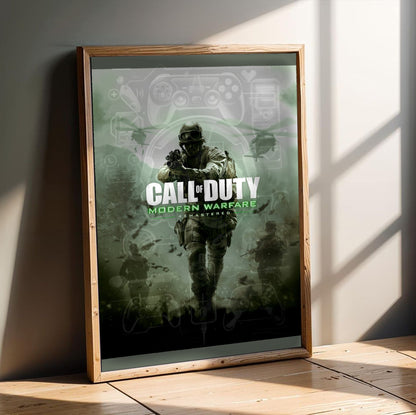 Call of Duty Modern Warfare Remastered key art in an oak frame leaning on a wooden floor