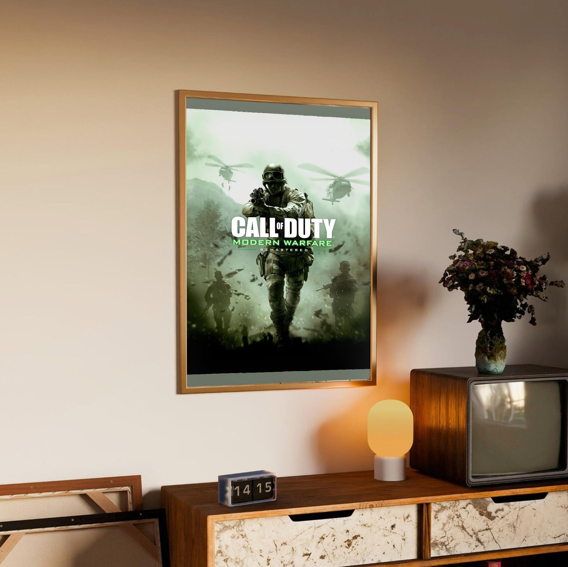 Call of Duty Modern Warfare Remastered key art in an oak frame above a sideboard