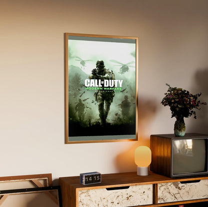 Call of Duty Modern Warfare Remastered key art in an oak frame above a sideboard