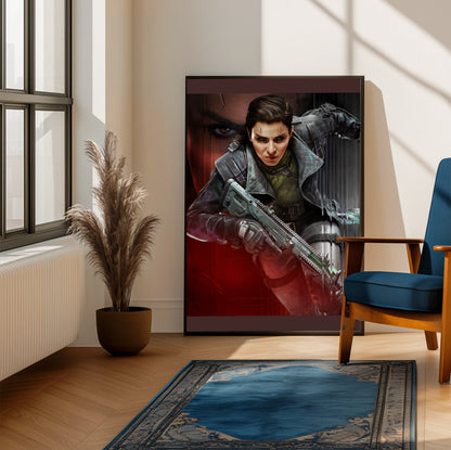 Call of Duty Warzone Season 2 key artwork framed beside a blue armchair in a sunlit room