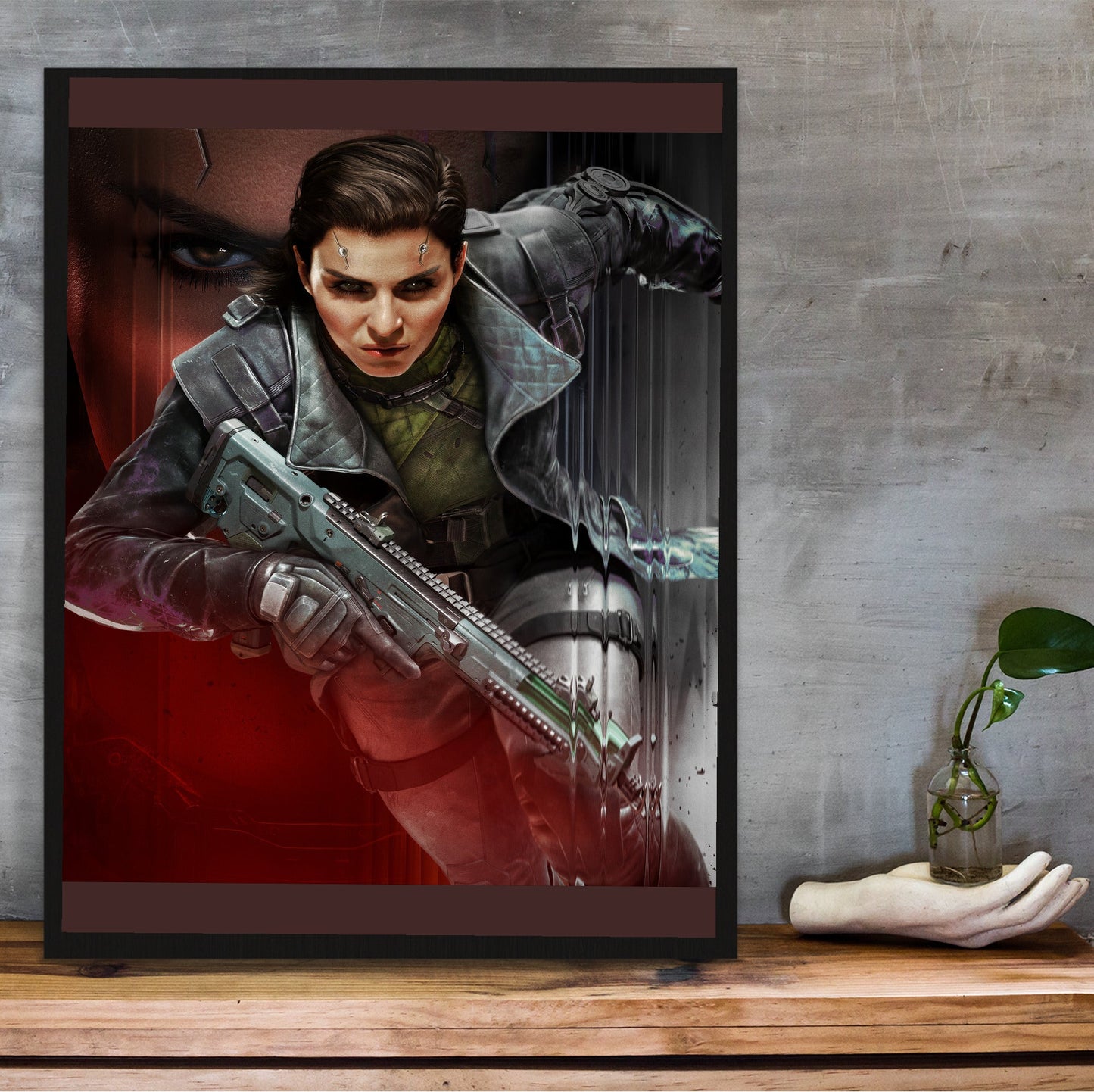 Call of Duty Warzone Season 2 key artwork in a black frame on a wooden shelf against concrete