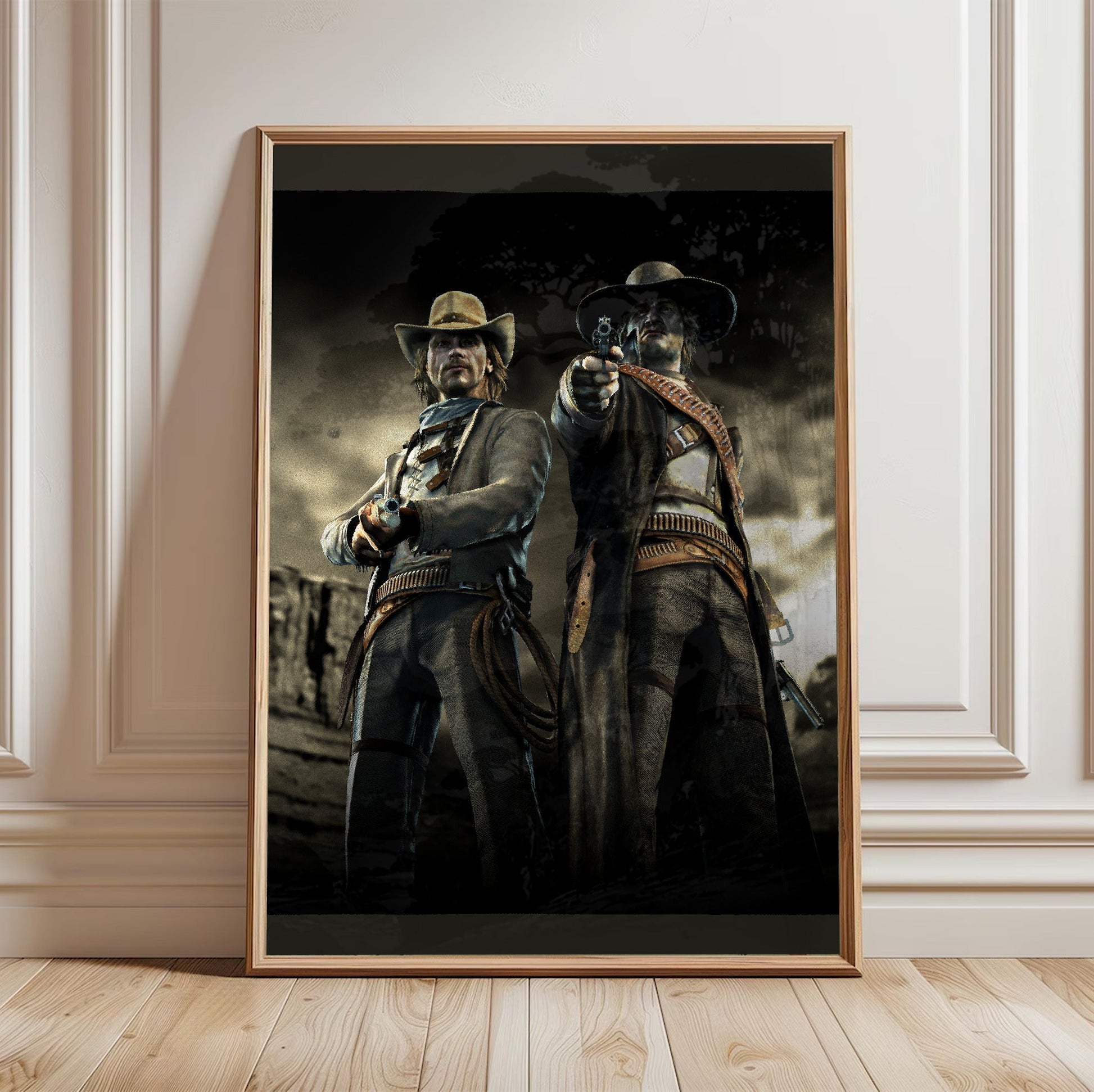 Call of Juarez Bound in Blood McCall brothers artwork in a light oak frame leaning against a white wall