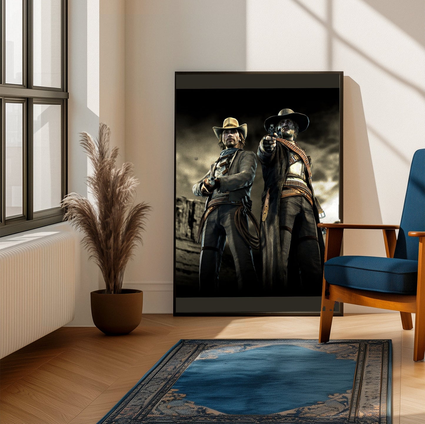 Call of Juarez Bound in Blood McCall brothers artwork framed beside a blue armchair in a sunlit room