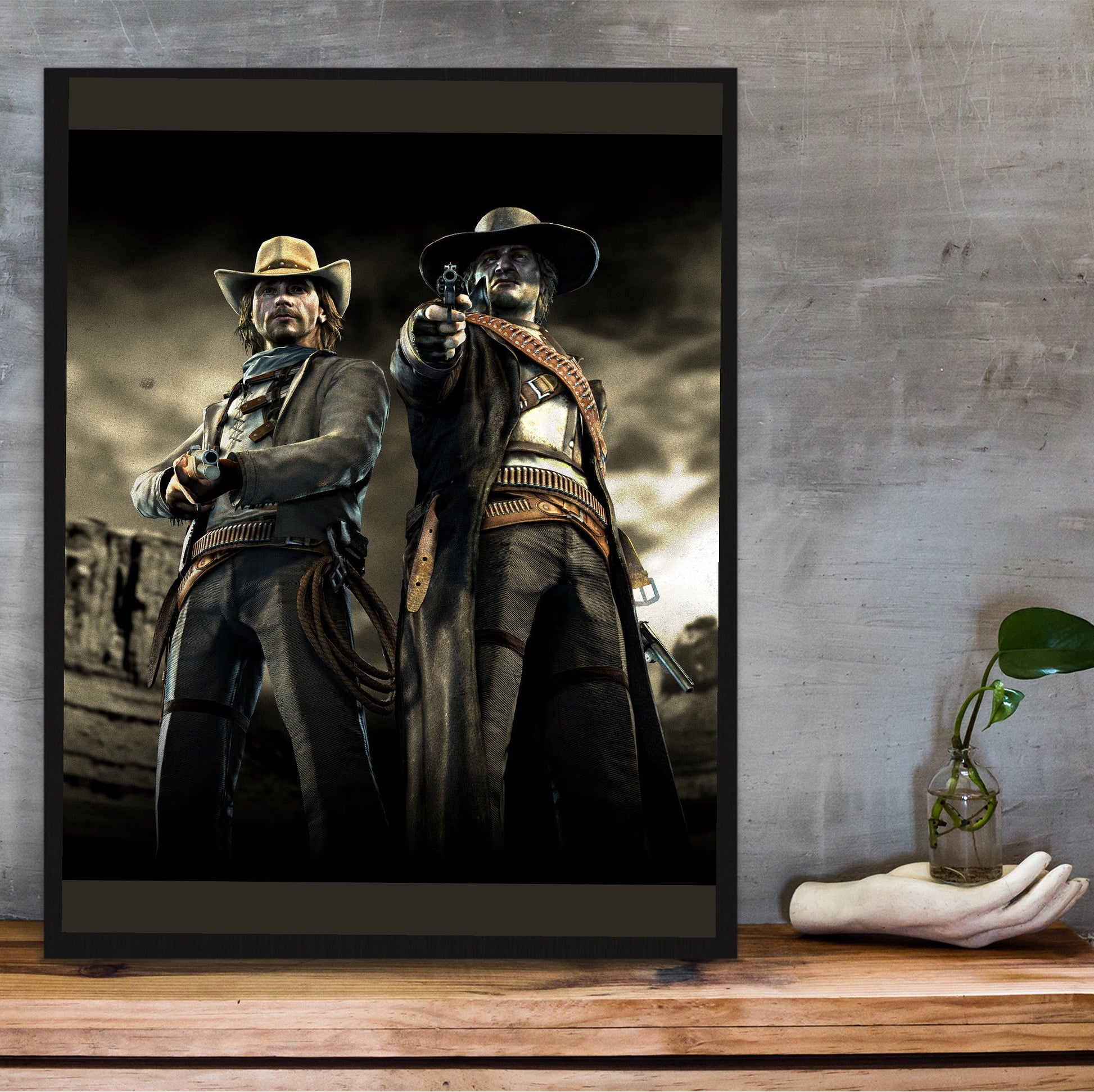 Call of Juarez Bound in Blood McCall brothers artwork in a black frame on a wooden shelf against concrete