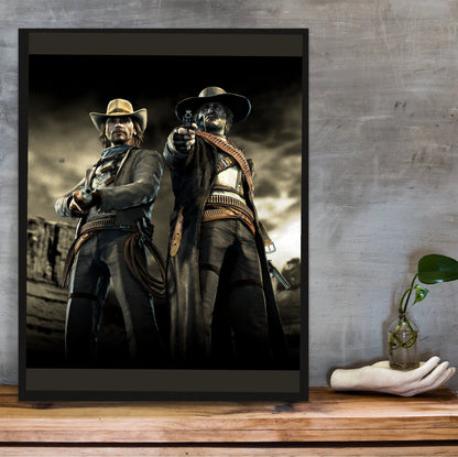Call of Juarez Bound in Blood McCall brothers artwork in a black frame on a wooden shelf against concrete