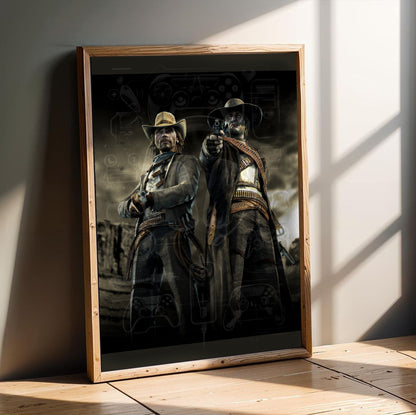 Call of Juarez Bound in Blood McCall brothers artwork in an oak frame leaning on a wooden floor