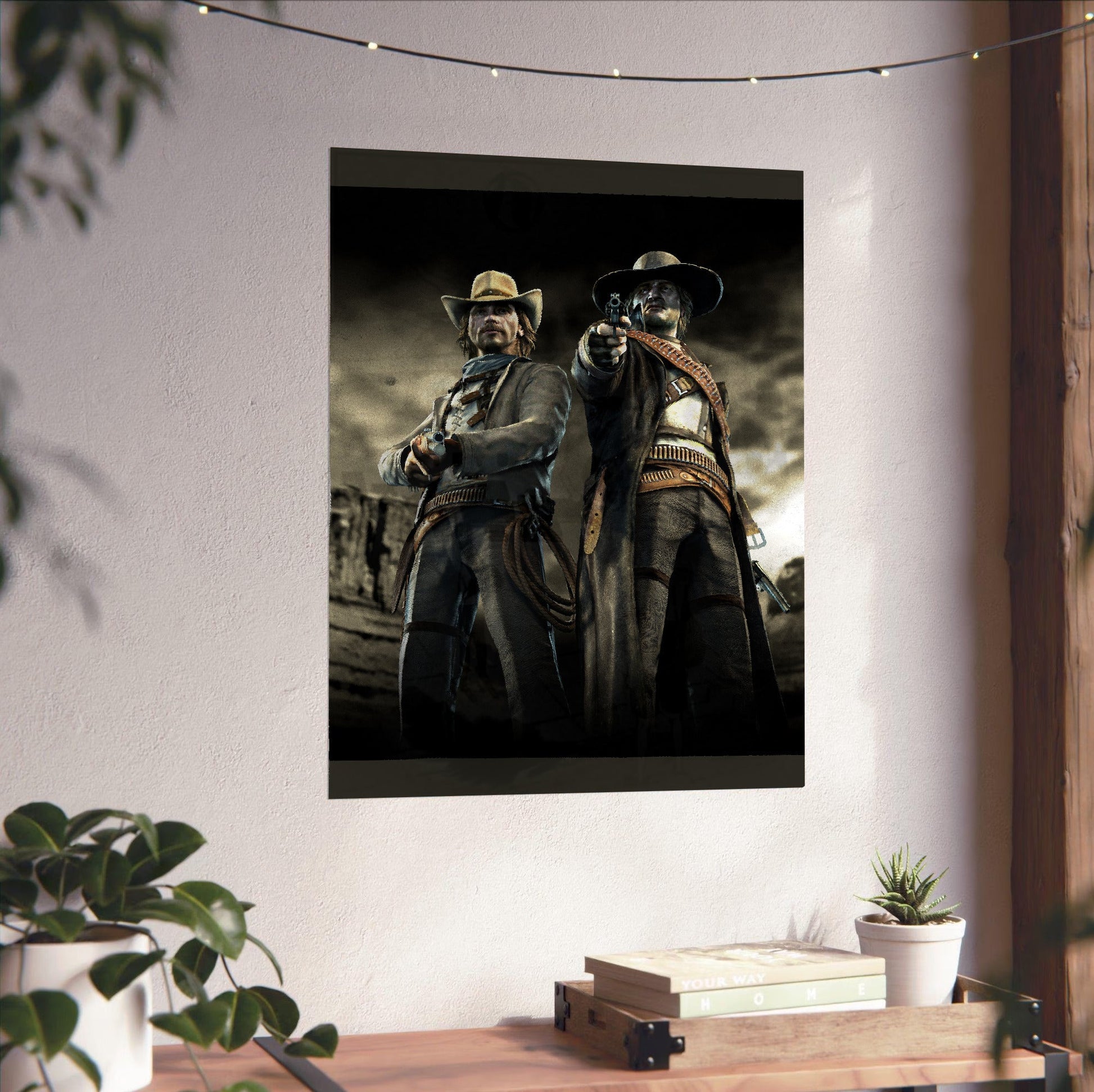 Call of Juarez Bound in Blood McCall brothers artwork unframed on a white wall above a desk