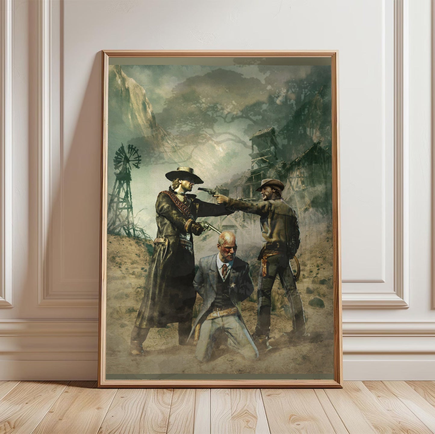 Call of Juarez Bound in Blood standoff artwork in a light oak frame leaning against a white wall