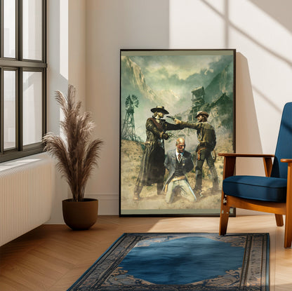 Call of Juarez Bound in Blood standoff artwork framed beside a blue armchair in a sunlit room