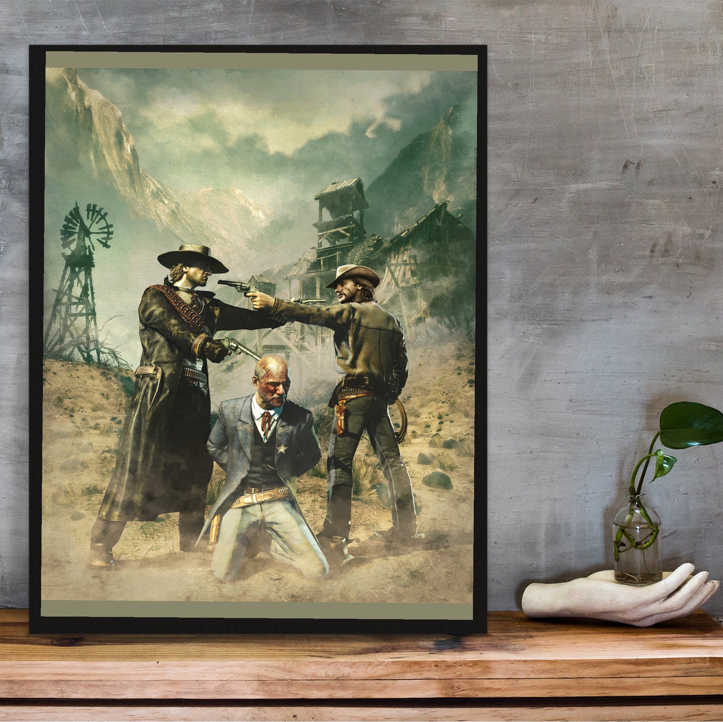 Call of Juarez Bound in Blood standoff artwork in a black frame on a wooden shelf against concrete