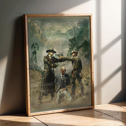 Call of Juarez Bound in Blood standoff artwork in an oak frame leaning on a wooden floor