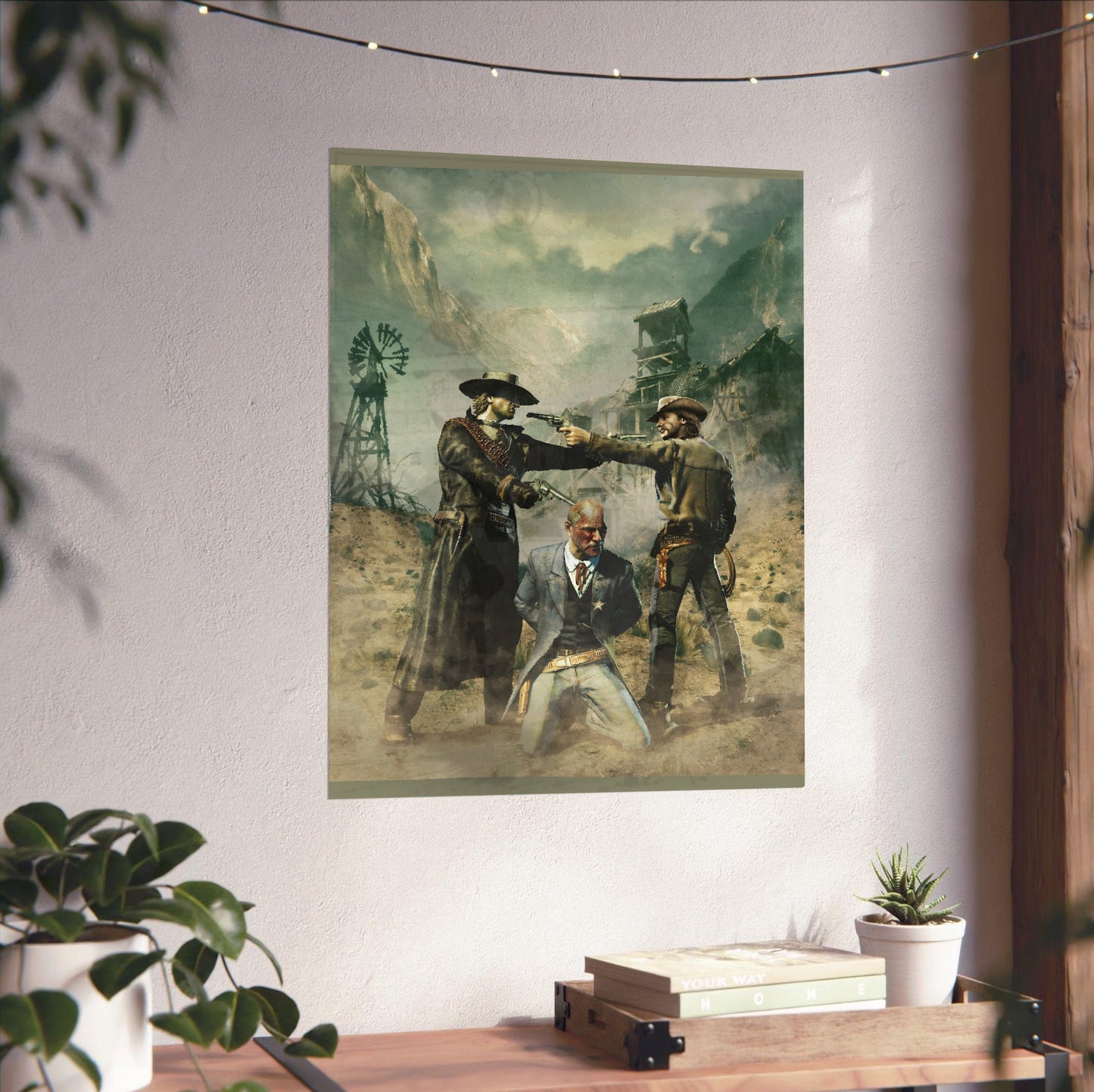 Call of Juarez Bound in Blood standoff artwork unframed on a white wall above a desk