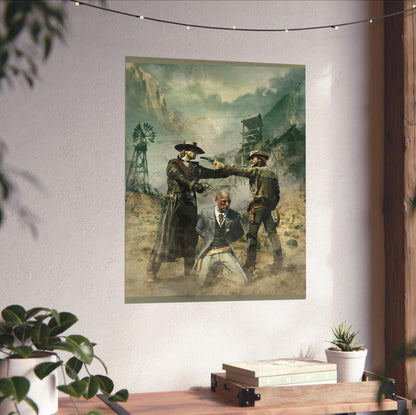 Call of Juarez Bound in Blood standoff artwork unframed on a white wall above a desk