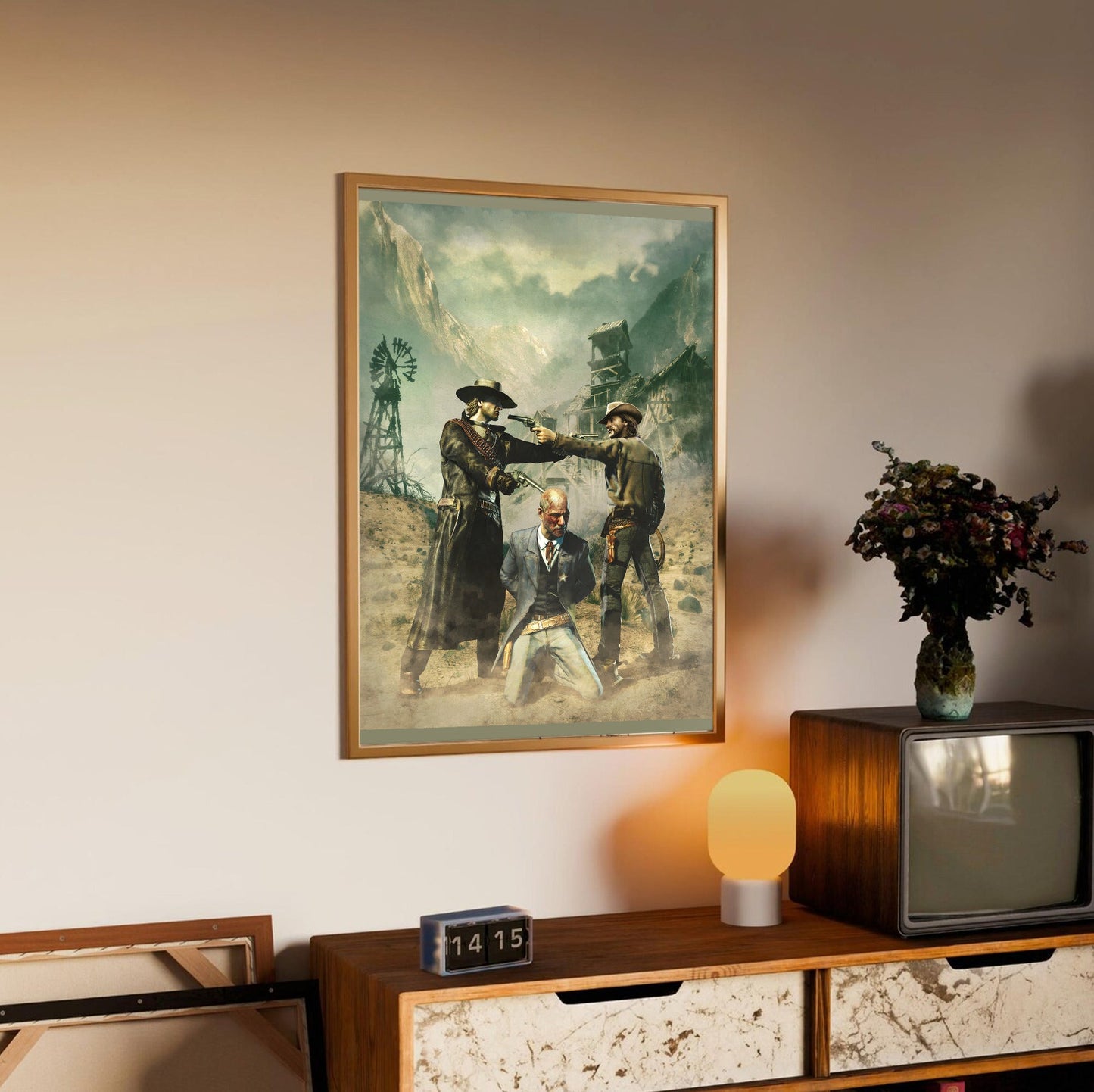 Call of Juarez Bound in Blood standoff artwork in an oak frame above a sideboard